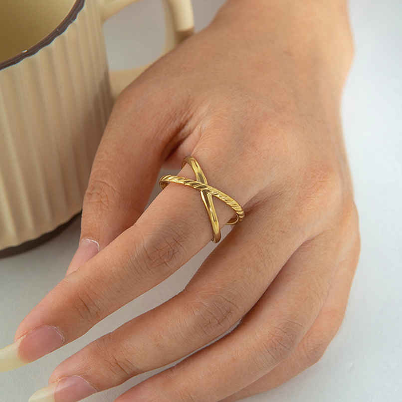 LabelShe Gold-Plated Stainless Steel Cross Shaped Adjustable Ring | LS-RNG-72209
