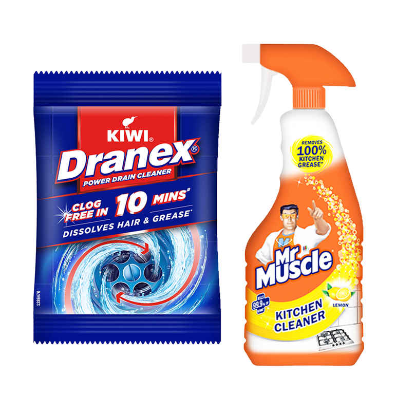 Mr. Muscle Kiwi Dranex Drain Cleaner Powder | Removes Clogs, Blockages In Just 30 Minutes (50g) & Mr. Muscle Kitchen Cleaner Spray, Fresh Lemon (450ml) Combo Mr. Muscle Kiwi Dranex Drain Cleaner Powder | Removes Clogs, Blockages In Just 30 Minutes (50g) & Mr. Muscle Kitchen Cleaner Spray, Fresh Lemon (450ml) Combo
