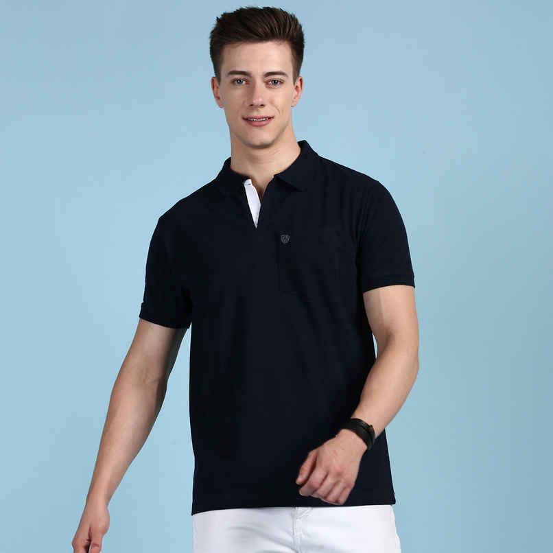 Lux Cozi Solid Cotton Polo T-shirt with Pocket for Men | Navy | Size - S