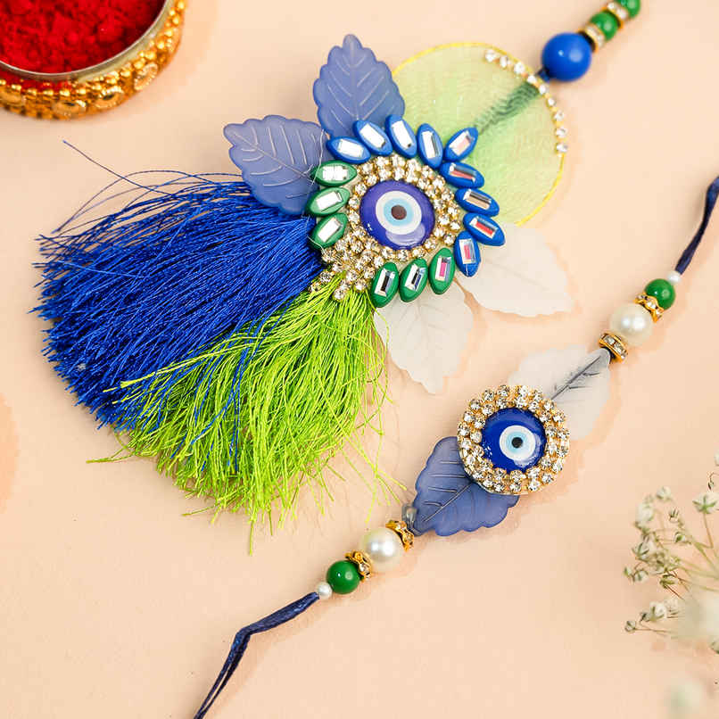 Bhaiya Bhabhi Lumba Rakhi | Designer Evil Eye Protective | Pack of 2 | Tomuncle Bhaiya Bhabhi Lumba Rakhi | Designer Evil Eye Protective | Pack of 2 | Tomuncle
