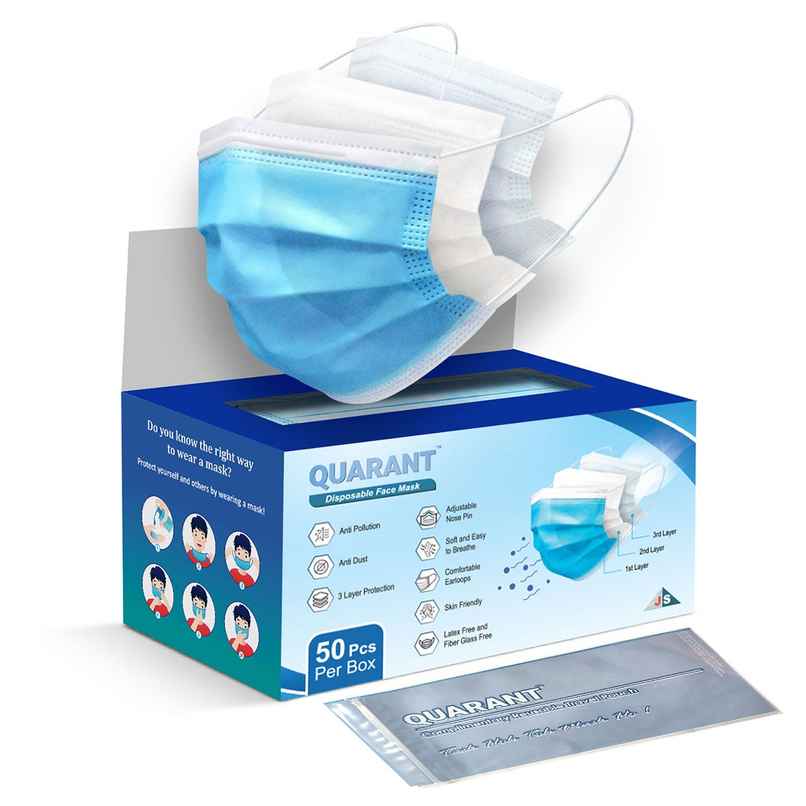 Quarant 3 Ply Disposable Anti-Pollution Face Mask With Reusable Travel Pouch | Blue - Pack Of 50