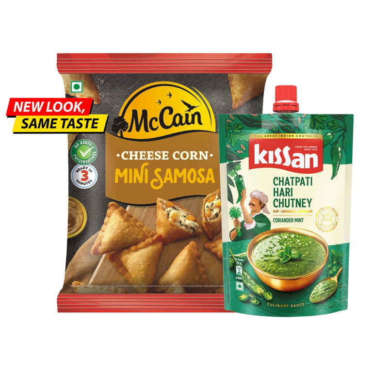 Mccain Cheese Corn Mini Samosa | Crispy Snack (240g) & Kissan Chatpati Hari Chutney Doy (200g) Combo