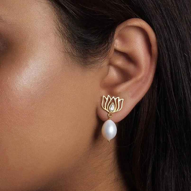 Unniyarcha 92.5 Silver Gold-plated Pearl Drop Lotus Earrings