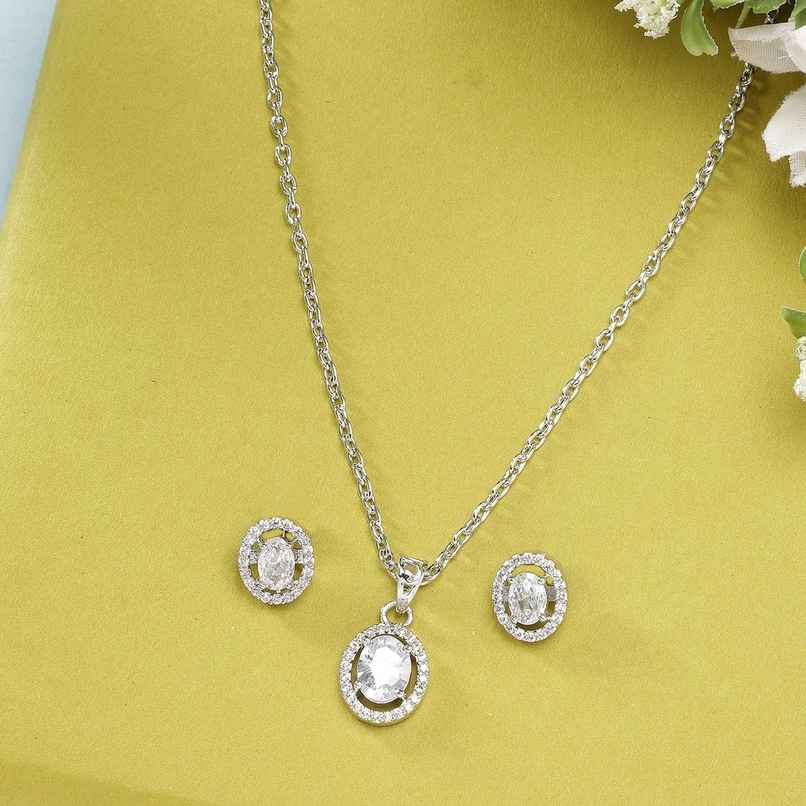 Zeneme Rhodium-Plated American Diamond-Studded Oval Necklace and Earrings For Women & Girls Zeneme Rhodium-Plated American Diamond-Studded Oval Necklace and Earrings For Women & Girls