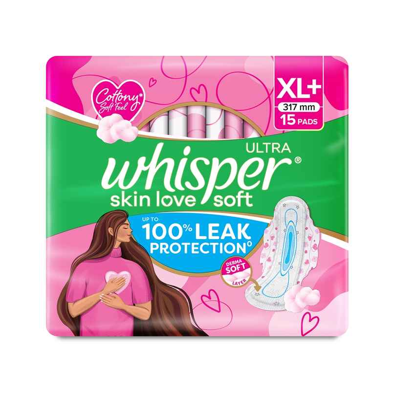 Whisper Ultra Skin Love Soft Sanitary Pads for Women, XL+ 15 Napkins