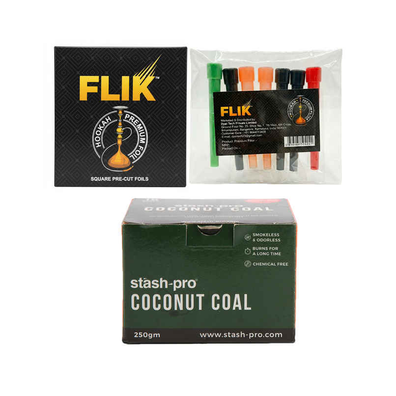 Flik Premium Pre-Cut Hookah Foil (1pc) & Flik Premium Hookah Filters (1pc) & Stash-Pro Cube Coconut Coal (18pc) Combo
