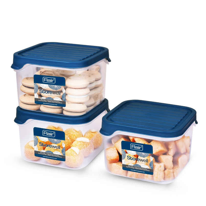 Flair Plastic Storewell Square Food Storage Containers 1150Ml - Set Of 3, (Blue), Food Grade