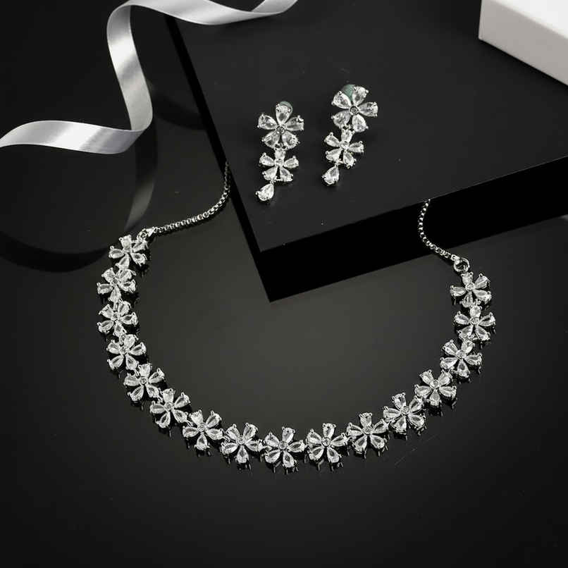 Zeneme Silver-Toned & White AD Stone-Studded Rhodium-Plated Jewellery Set For Women & Girls