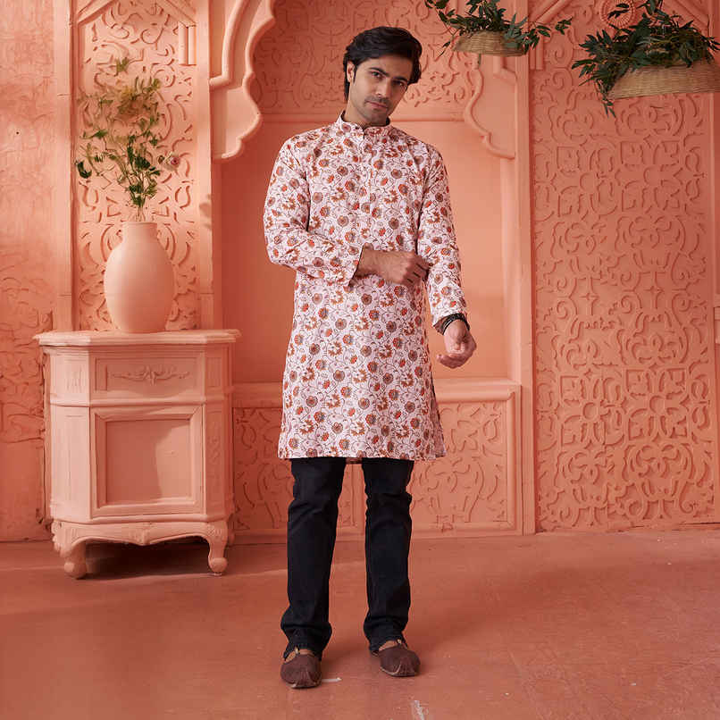 House Of Festivals Men's Printed Cotton Blend Long Kurta | Cream - M House Of Festivals Men's Printed Cotton Blend Long Kurta | Cream - M