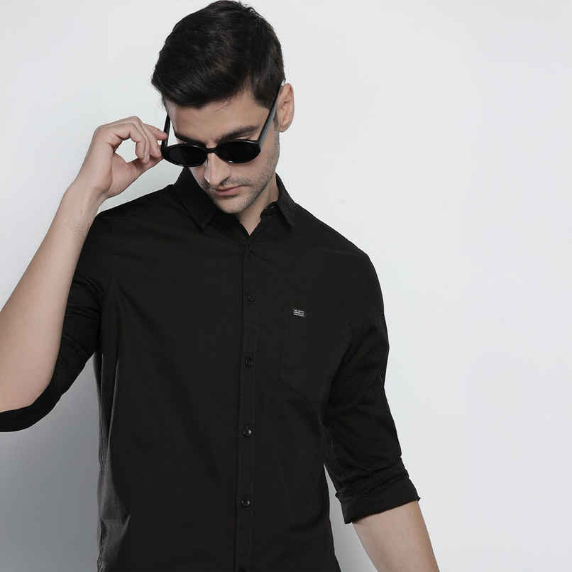 The Indian Garage Co Men's Slim Fit Solid Casual Shirt | Black - S