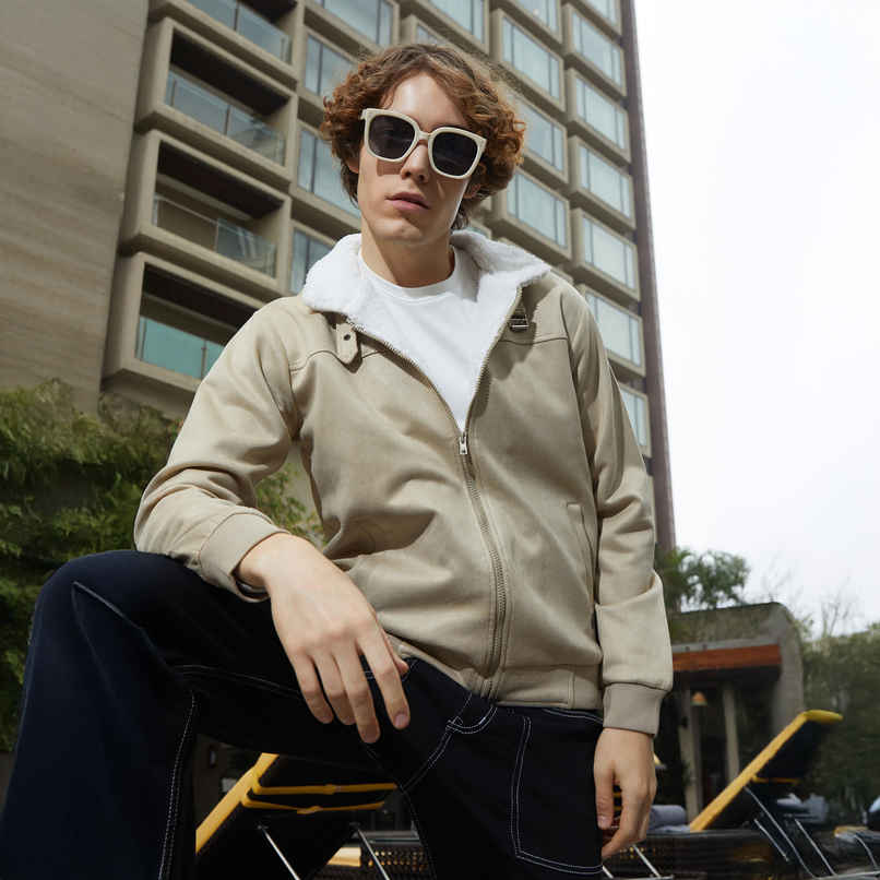Campus Sutra Men's Fleece-Lined Bomber Jacket | Saltbox Beige & Chalk White - S
