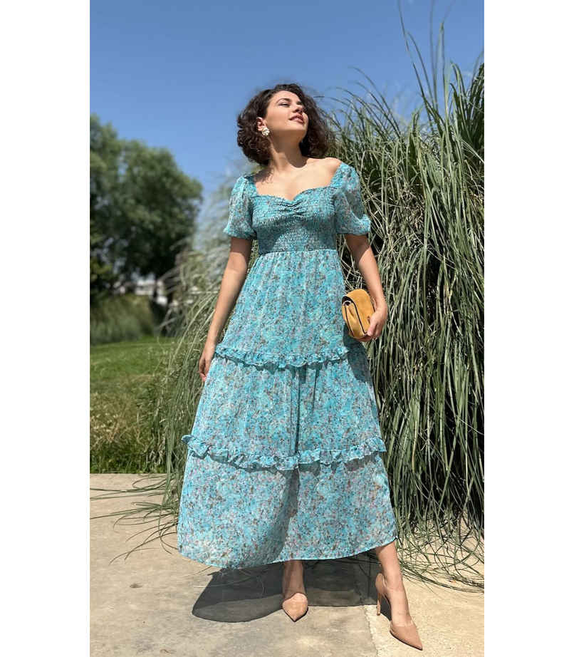 Sheetal Women's Floral Print Georgette Tiered Maxi Dress | DR11262 | Turquoise - XL