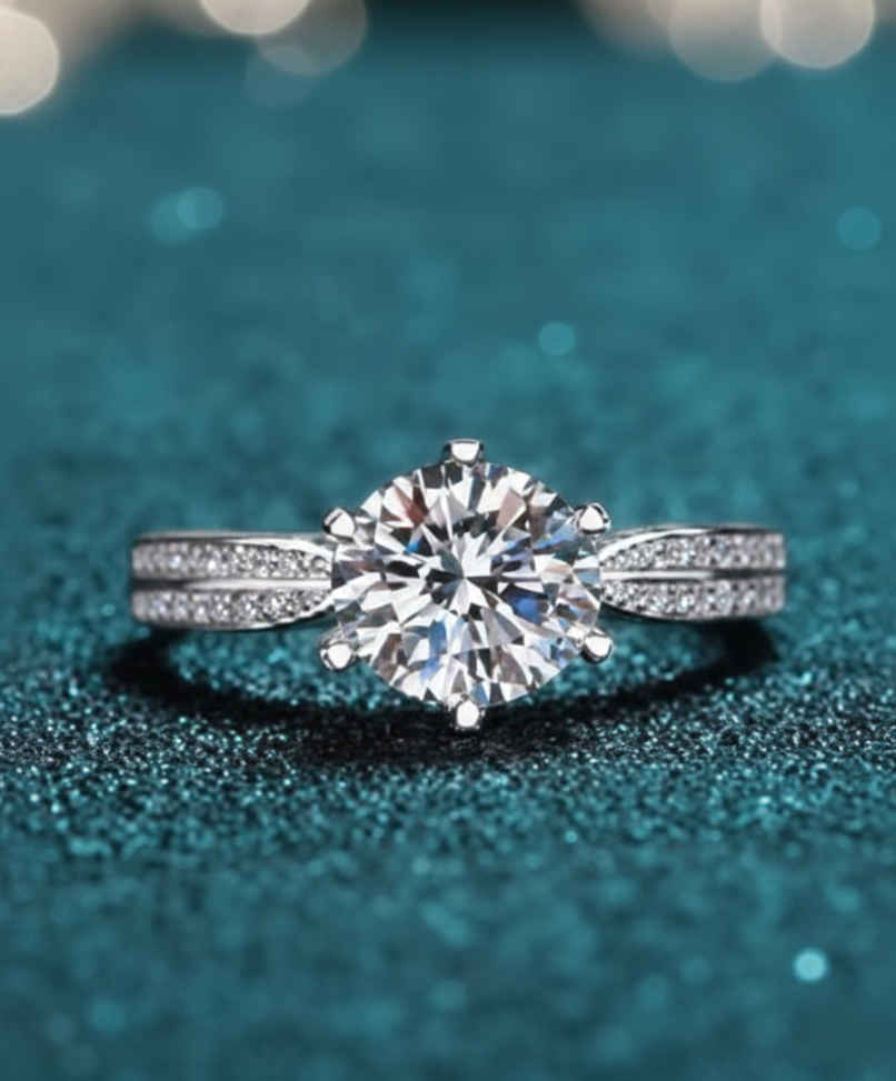 The Opal Factory |Valentines Day Sliver Mossanite Solitaire Round Brillant Center Stone Ring