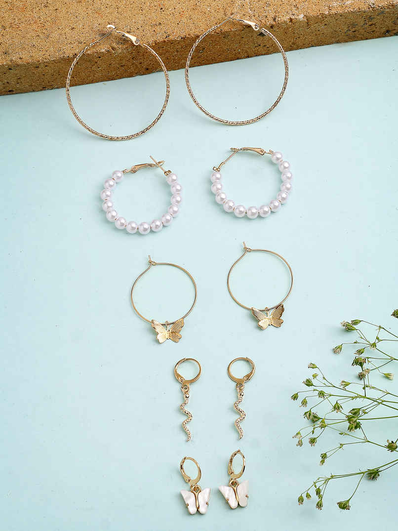 Scintillare By Sukkhi Latest Stylish Gold Plated Pearls Western Hoop Combo Earrings For Women