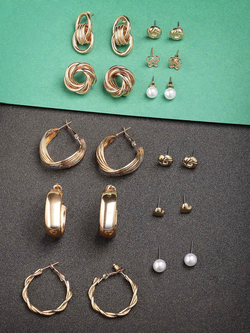 Scintillare By Sukkhi Geometric Unique Studs Hoop Pearls Gold Plated Combo Earrings For Women