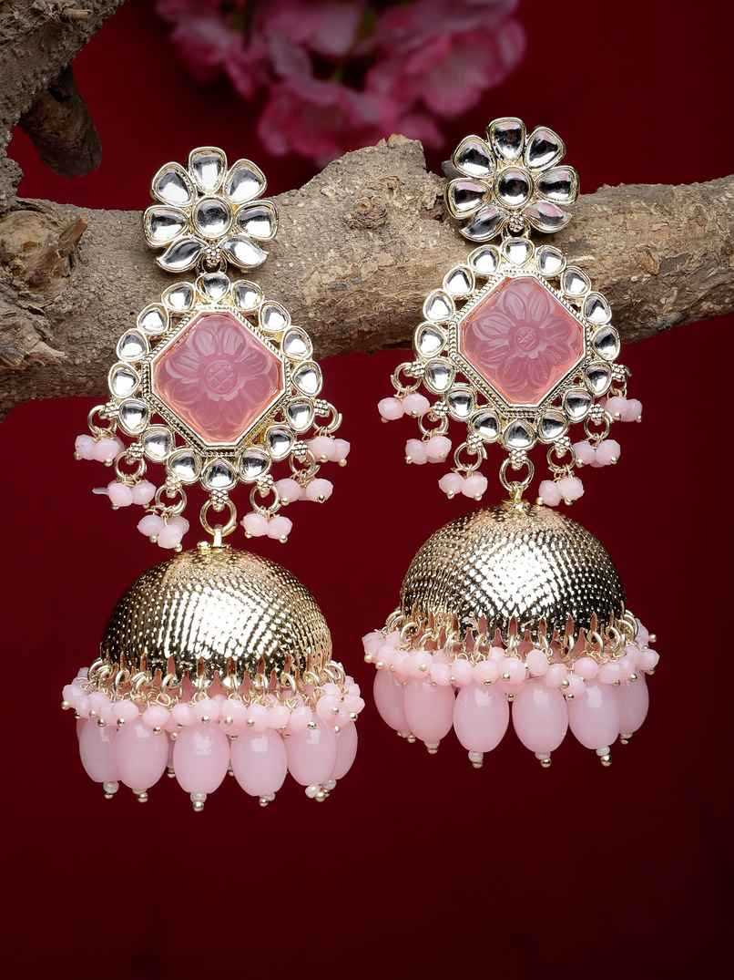 Sukkhi Decent Gold Plated Pink Kundan Studded Jhumka Earrings for Women