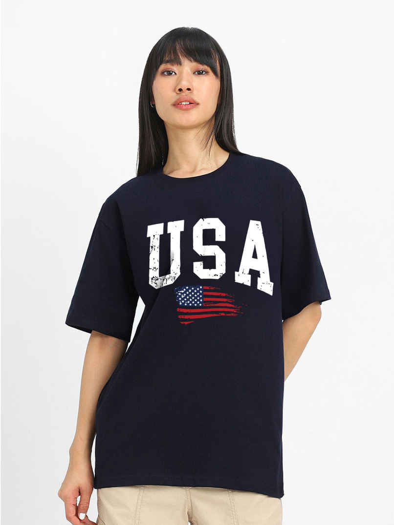 JUNEBERRY Women's Graphic Printed Oversized T Shirt | GL OS USA NVY L | Navy - L