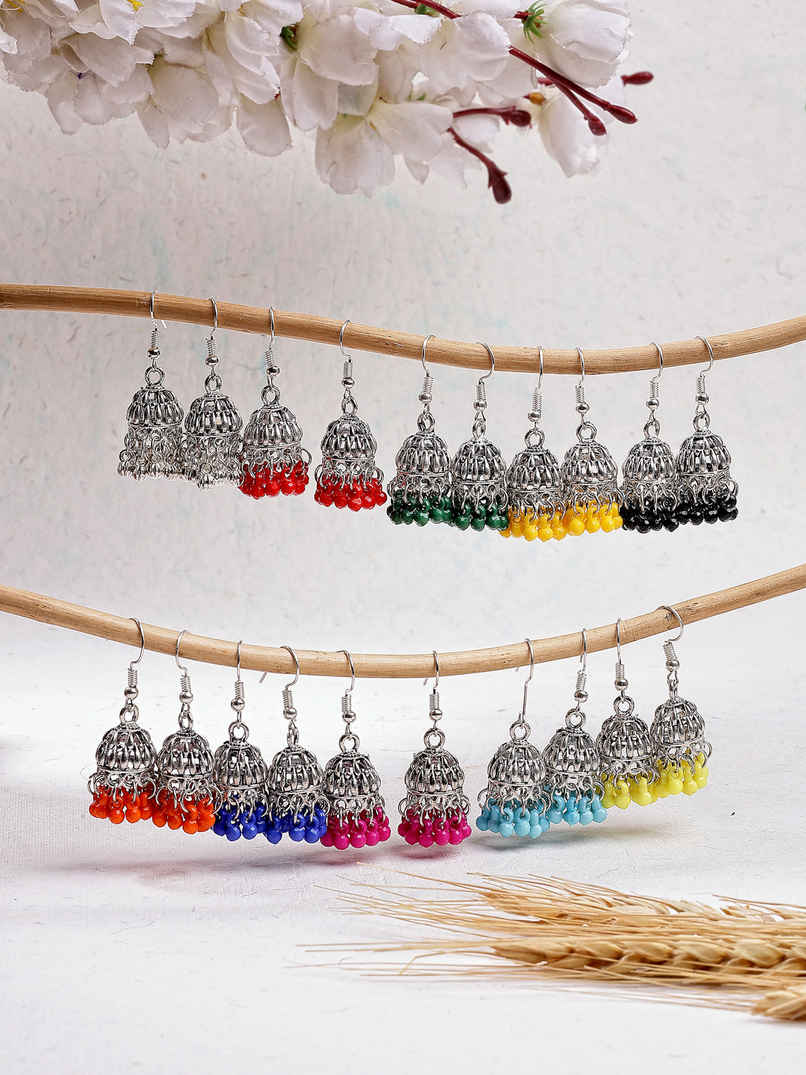 Sukkhi Oxidised Silver Plated Multicolor Beaded Mini Jhumka/Jhumki Earring Combo | CBE107305 Sukkhi Oxidised Silver Plated Multicolor Beaded Mini Jhumka/Jhumki Earring Combo | CBE107305