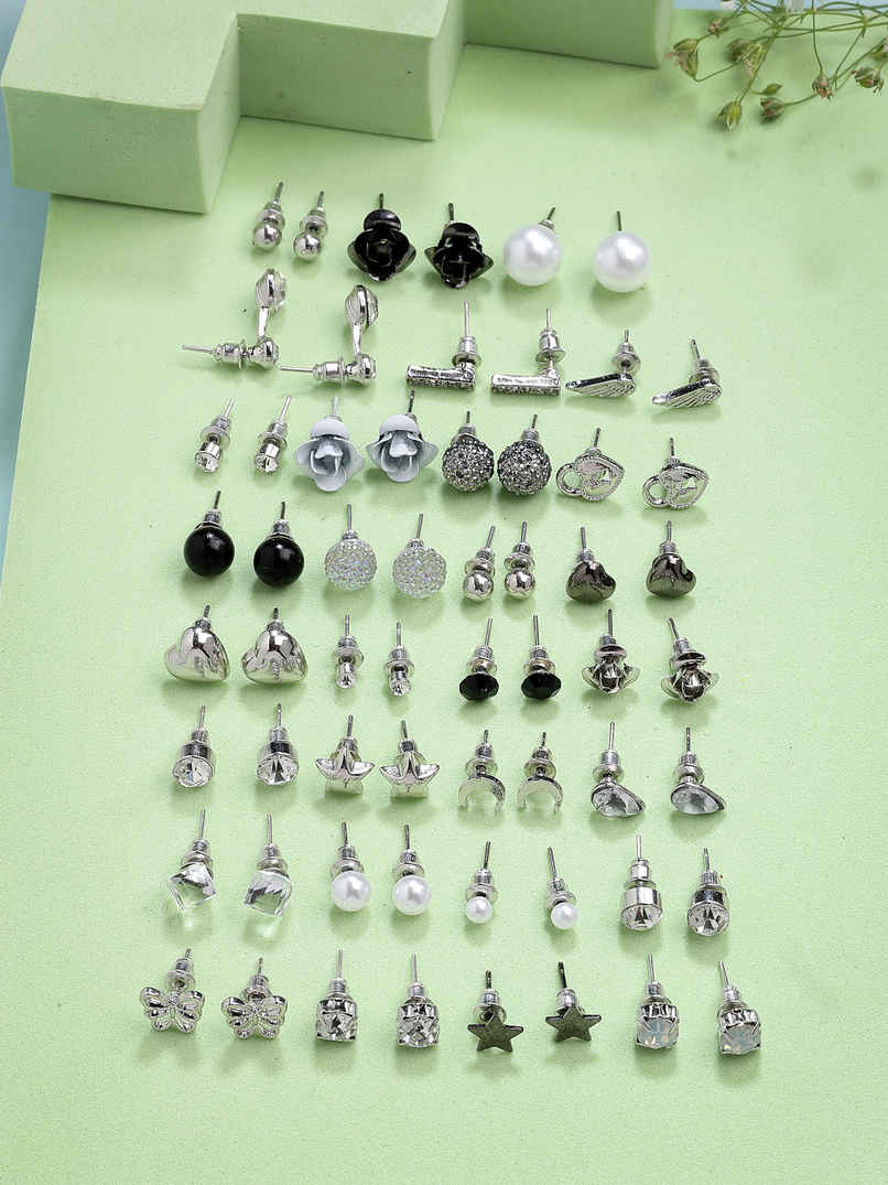 Scintillare By Sukkhi Multi Stylish Rhodium Plated Crystal & Pearls Studs Combo Earrings For Women