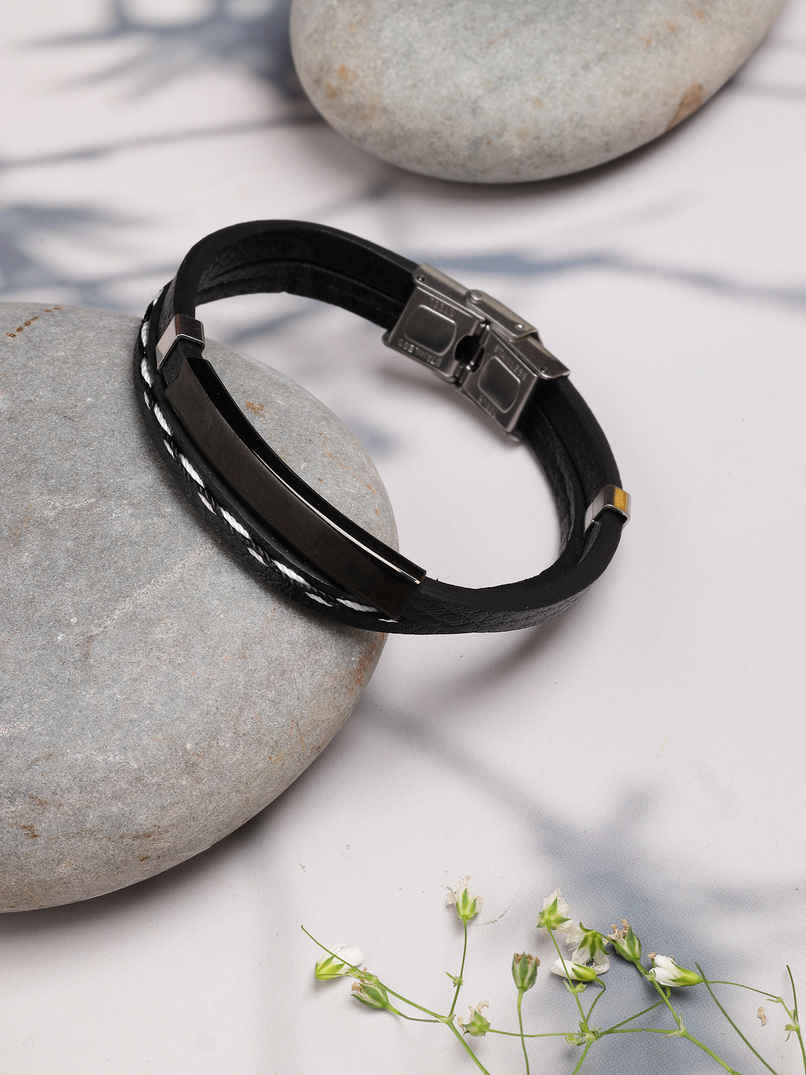 Scintillare By Sukkhi Charming Leather Silicon Wristband Black Bracelet for Men & Boys Unisex