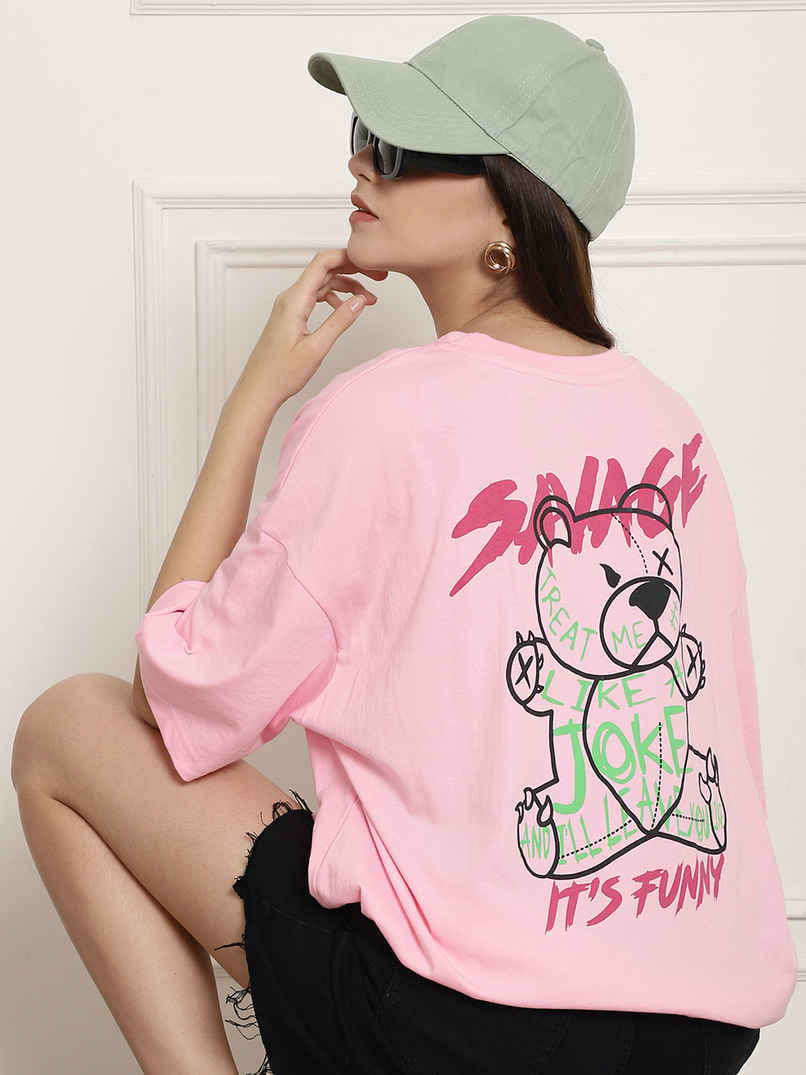Fabflee Women's Oversize Cotton Printed Round Neck Tshirt | Pink | NEX-OS-509 | L Fabflee Women's Oversize Cotton Printed Round Neck Tshirt | Pink | NEX-OS-509 | L