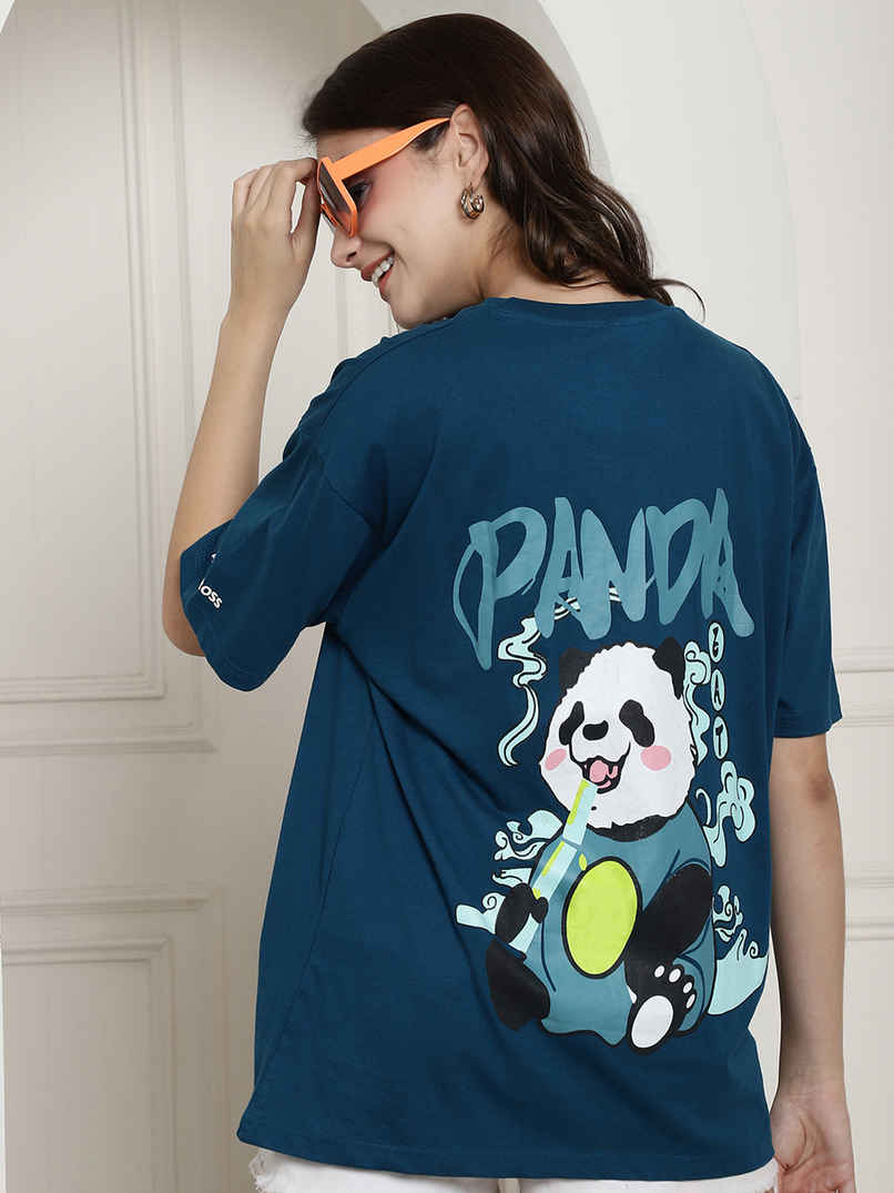 Fabflee Women's Oversize Cotton Printed Round Neck Tshirt | Blue | NEX-OS-503 | S Fabflee Women's Oversize Cotton Printed Round Neck Tshirt | Blue | NEX-OS-503 | S