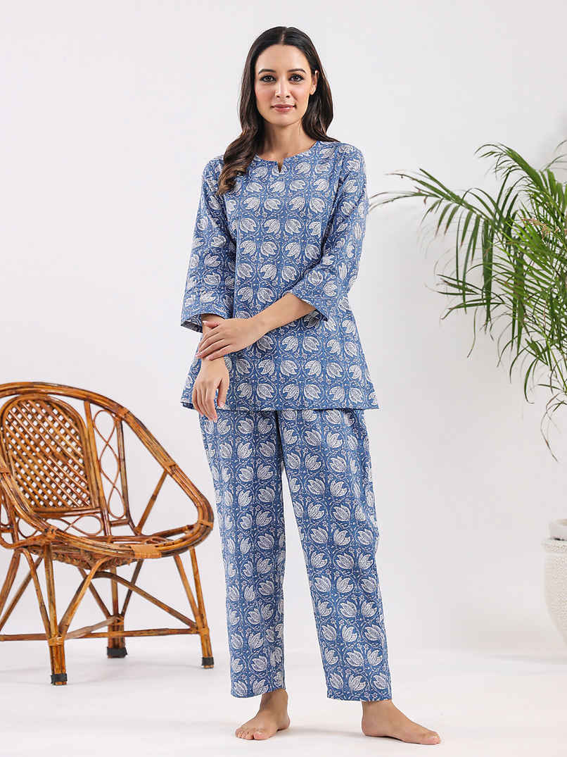 Sanskrutihomes Printed Pure Cotton Night Suit | Blue - S Sanskrutihomes Printed Pure Cotton Night Suit | Blue - S