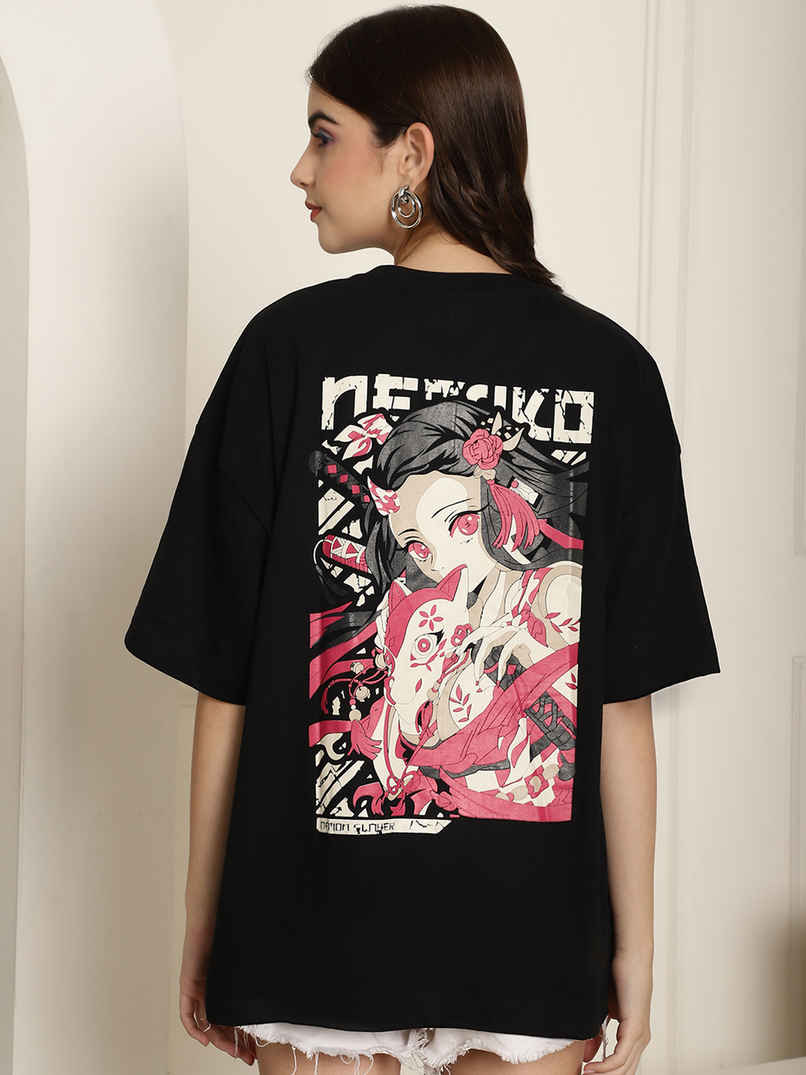 Fabflee Women's Oversize Cotton Printed Round Neck Tshirt | Black | NEX-OS-512 | L Fabflee Women's Oversize Cotton Printed Round Neck Tshirt | Black | NEX-OS-512 | L
