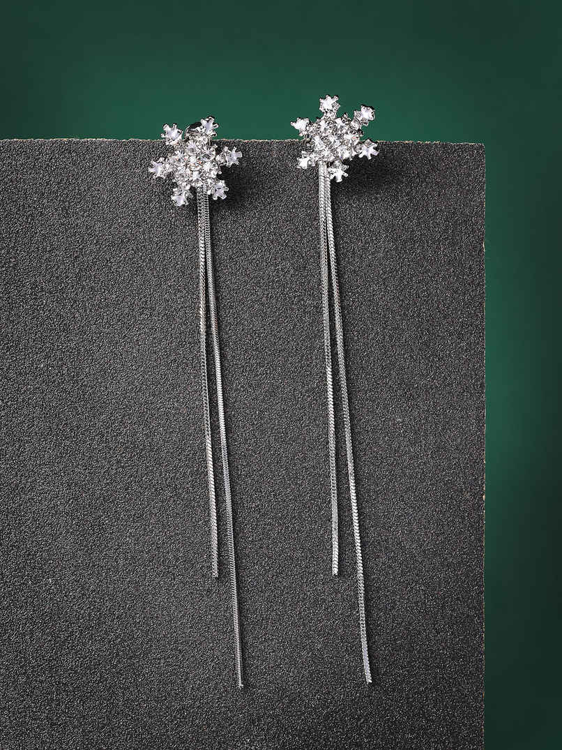 Scintillare By Sukkhi Floral Shiny Crystal Diamond Long Silver Dangle Earrings For Women | E107239