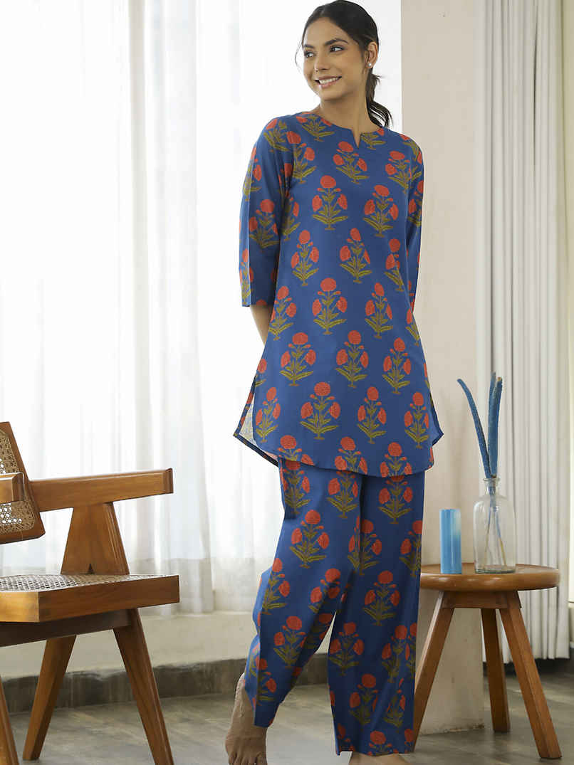 Sanskrutihomes Floral Printed Pure Cotton Night Suit | Blue - S Sanskrutihomes Floral Printed Pure Cotton Night Suit | Blue - S