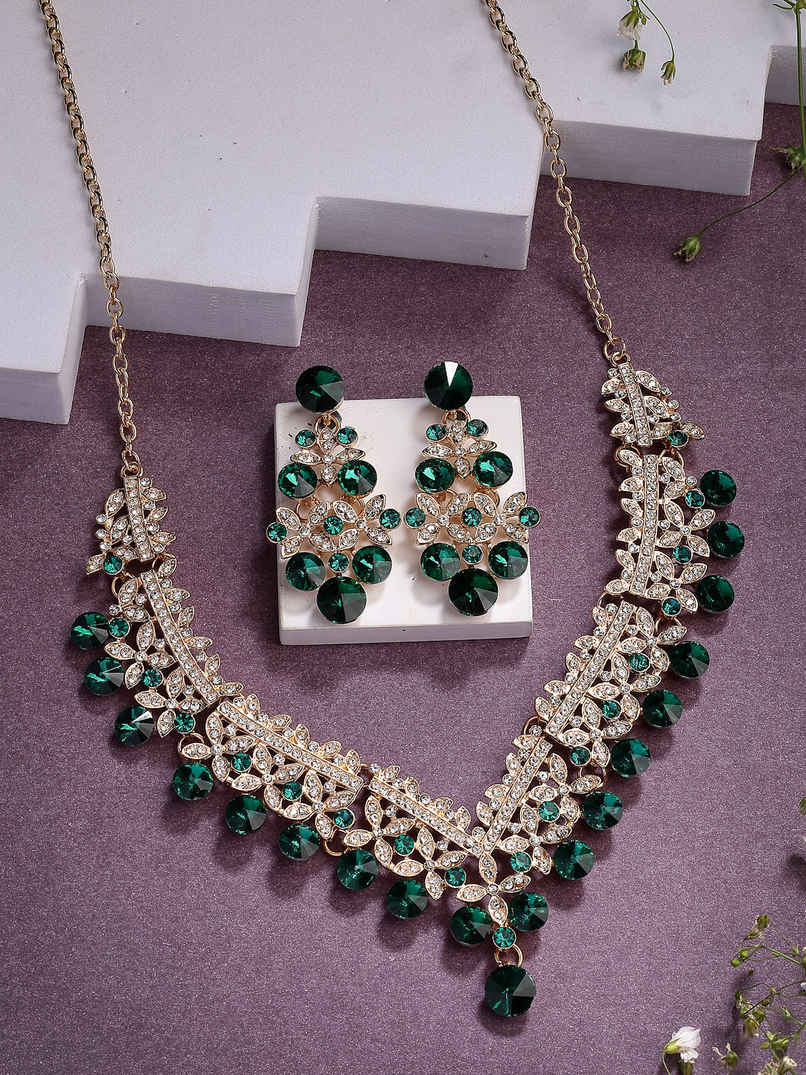 Sukkhi AD Stone Gold Plated Green Choker Necklace & Dangle Earring Jewellery Set For Women|NS107352 Sukkhi AD Stone Gold Plated Green Choker Necklace & Dangle Earring Jewellery Set For Women|NS107352