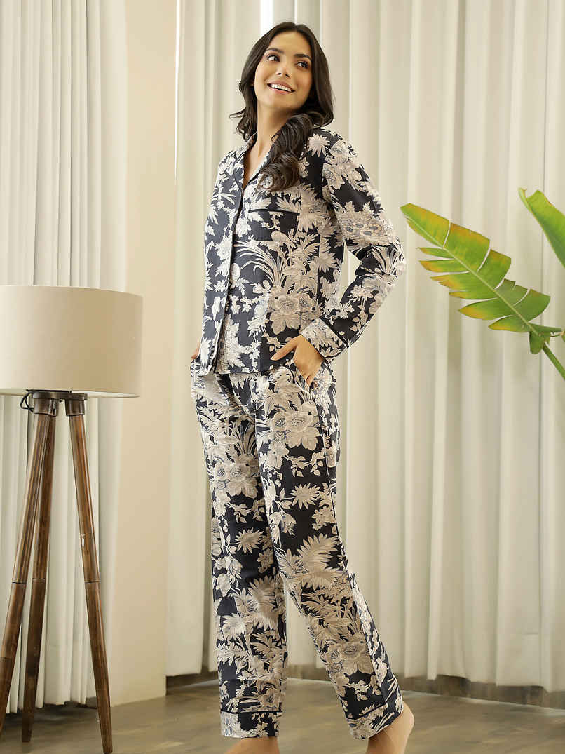 Sanskrutihomes Women's Printed Cotton Night Suit | Black - S Sanskrutihomes Women's Printed Cotton Night Suit | Black - S