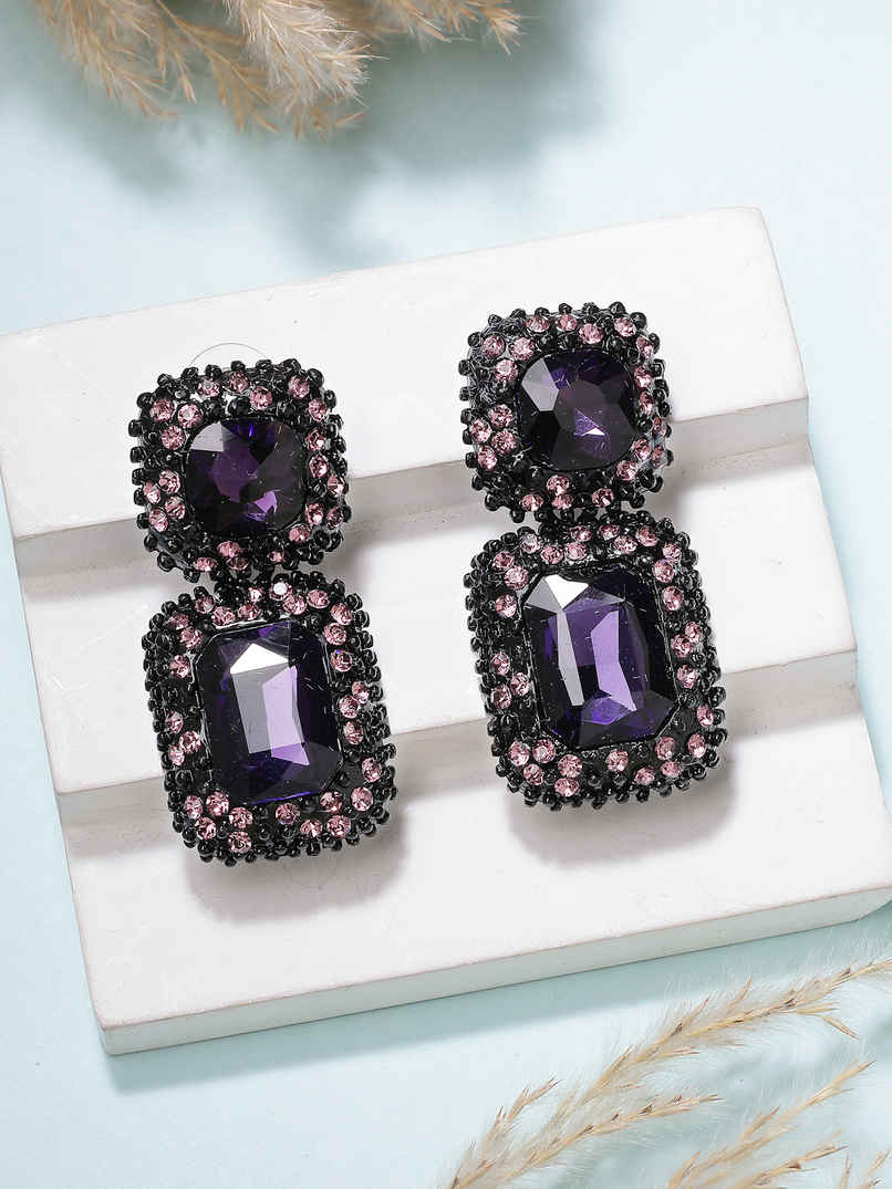 Scintillare By Sukkhi Glittering Square Shaped Crystal Purple Drop Dangle Earrings For Women Scintillare By Sukkhi Glittering Square Shaped Crystal Purple Drop Dangle Earrings For Women