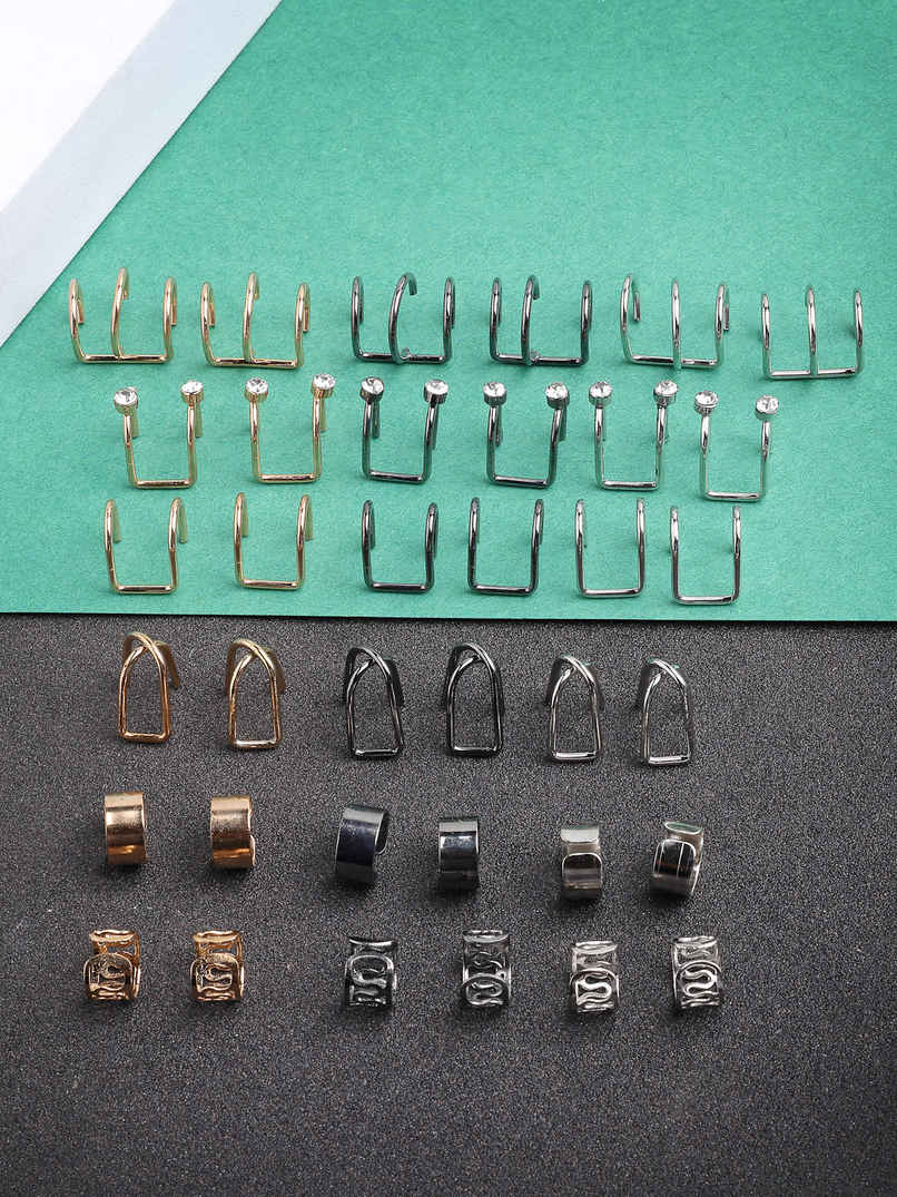 Scintillare By Sukkhi Gold Silver Black Color Multi Style Clip On Ear Cuff Combo Earrings For Women Scintillare By Sukkhi Gold Silver Black Color Multi Style Clip On Ear Cuff Combo Earrings For Women