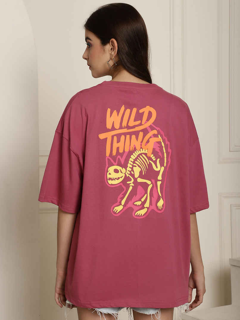 Fabflee Women's Oversize Cotton Printed Round Neck Tshirt | Pink | NEX-OS-502 | M Fabflee Women's Oversize Cotton Printed Round Neck Tshirt | Pink | NEX-OS-502 | M