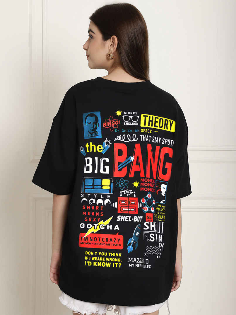 Fabflee Women's Oversize Cotton Printed Round Neck Tshirt | Black | NEX-OS-504 | M
