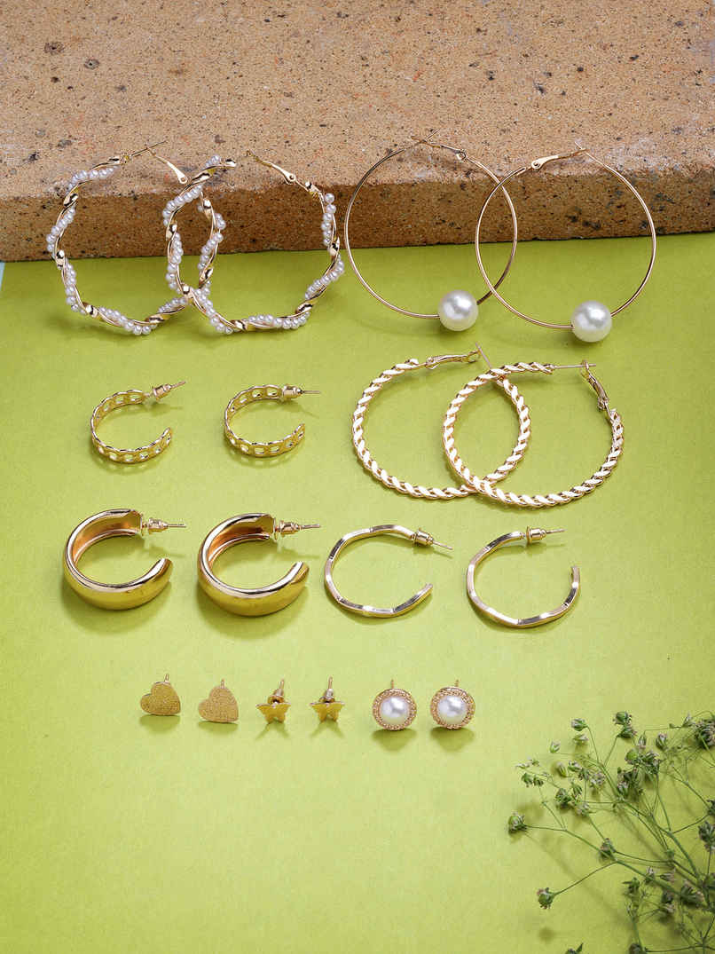 Scintillare By Sukkhi Gold Plated Multi Shaped Diamond & Pearls Studs Hoop Combo Earrings For Women