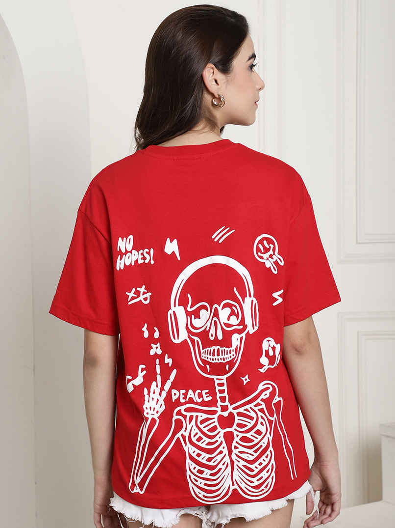 Fabflee Women's Oversize Cotton Printed Round Neck Tshirt | Red | NEX-OS-505 | L Fabflee Women's Oversize Cotton Printed Round Neck Tshirt | Red | NEX-OS-505 | L