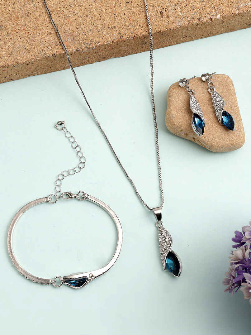 Scintillare By Sukkhi Rhodium Plated Pendant with Dangle Earring Bracelet Combo Jewellery For Women Scintillare By Sukkhi Rhodium Plated Pendant with Dangle Earring Bracelet Combo Jewellery For Women