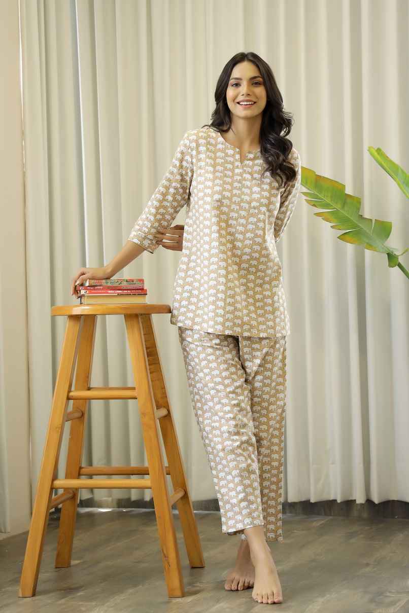 Sanskrutihomes Women's Printed Pure Cotton Night Suit | Beige - L