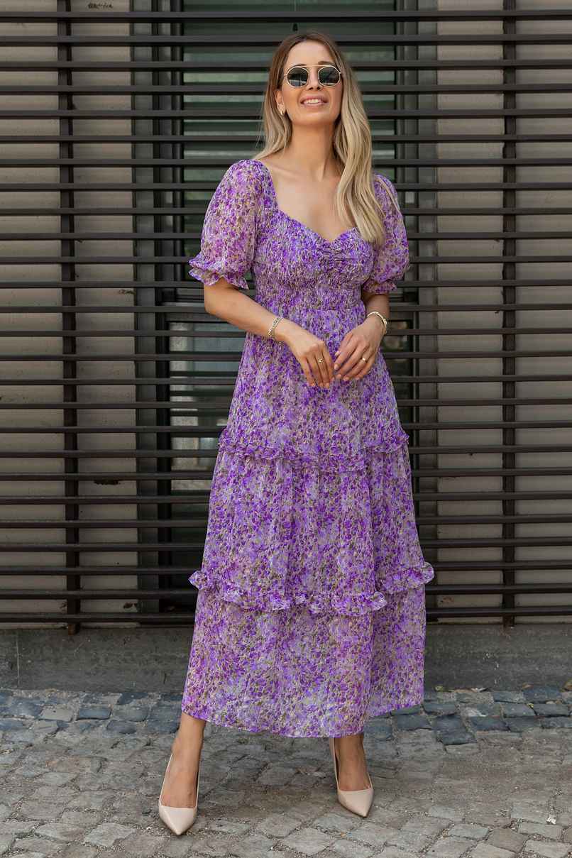 Sheetal Women's Floral Print Georgette Tiered Maxi Dress | DR11266 | Purple - S Sheetal Women's Floral Print Georgette Tiered Maxi Dress | DR11266 | Purple - S