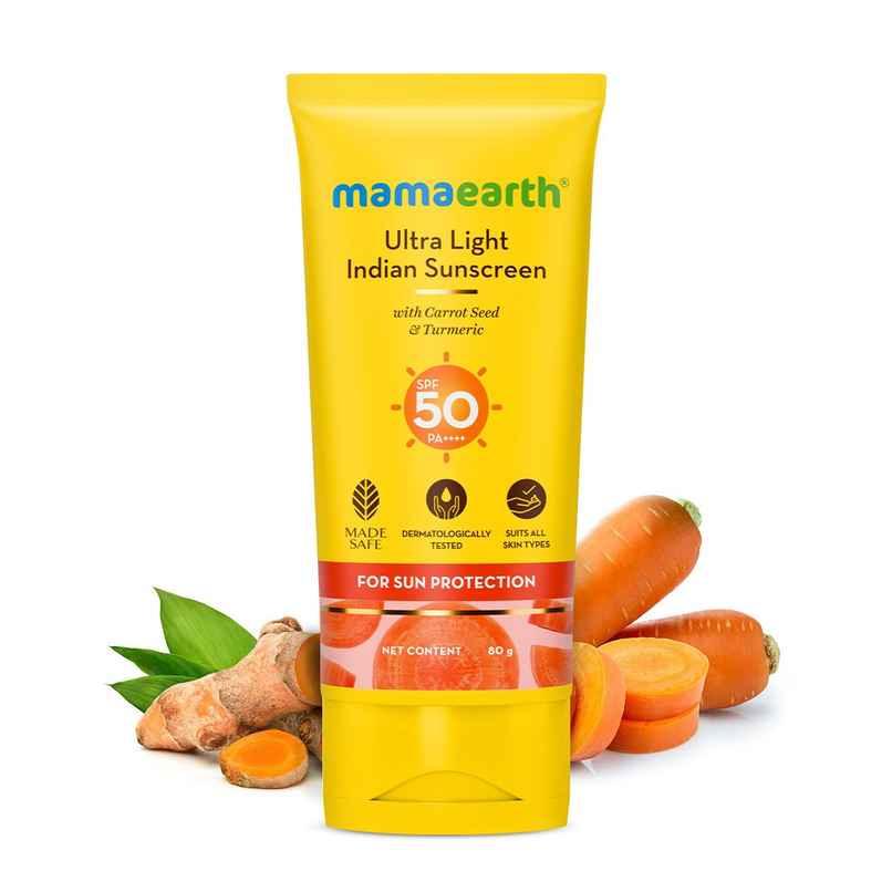 Mamaearth Ultra Light Indian Sunscreen SPF 50 PA++++ With Turmeric & Carrot Seed for Tan Protection