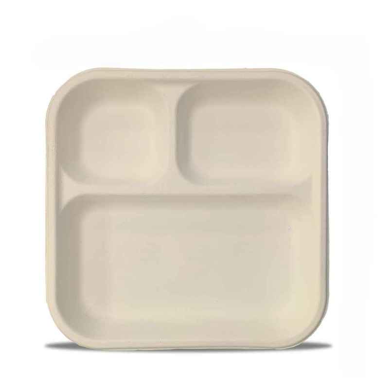 Sugarcane Fiber Pulp Plate | Round | 9 inch | 3 Compartment | Pack of 10 | Tempware Sugarcane Fiber Pulp Plate | Round | 9 inch | 3 Compartment | Pack of 10 | Tempware