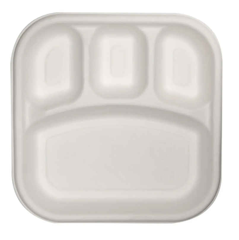Bagasse Disposable Square Plate | 4 Compartment | 9 inch | Naturepac