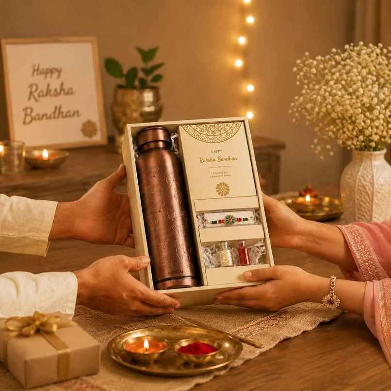 Milton Copper Bloom Rakhi Gift Hamper | 900 ml Copper Bottle | Rakhi | Roli Chawal