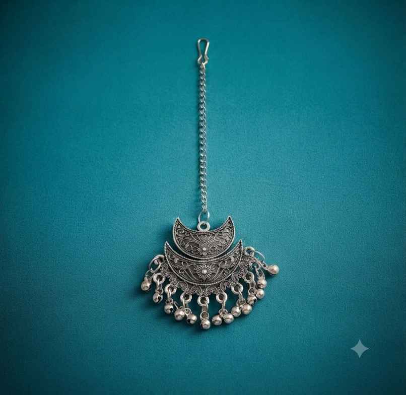 The Opal Factory Navratri Jewelry | Silver Oxidized Moon Maang Tika with Ghungroo | Silver