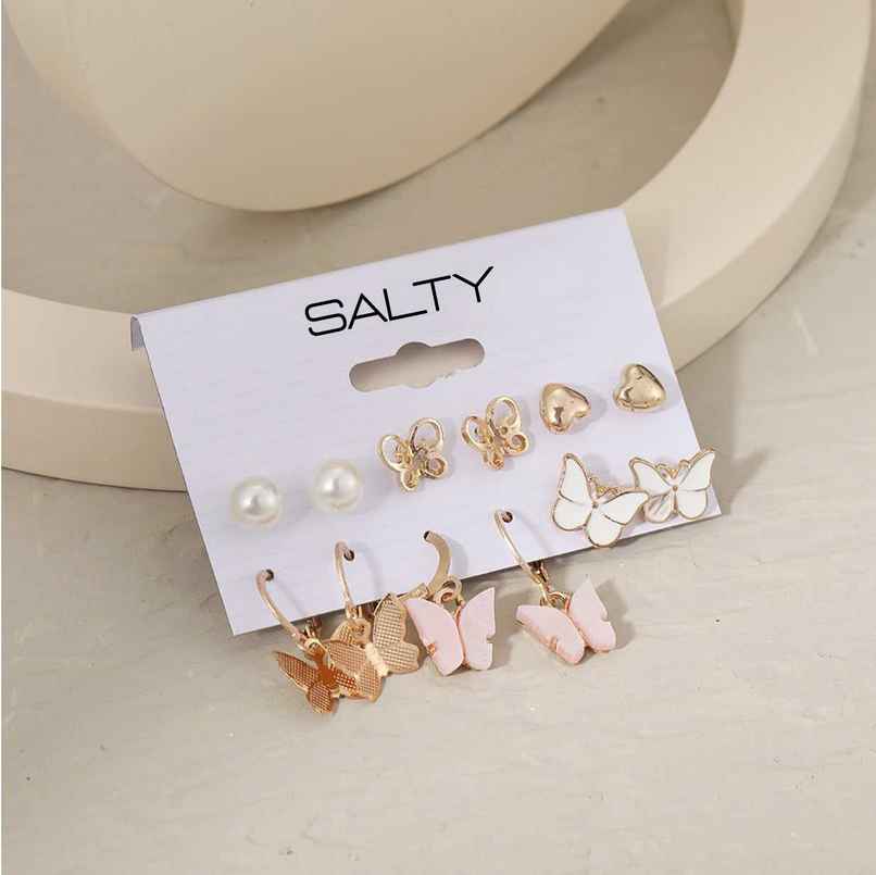 SALTY Set of 6 Butterfly Drop Earrings and Studs for Women and Girls| Anti-Tarnish | Gold and Pink