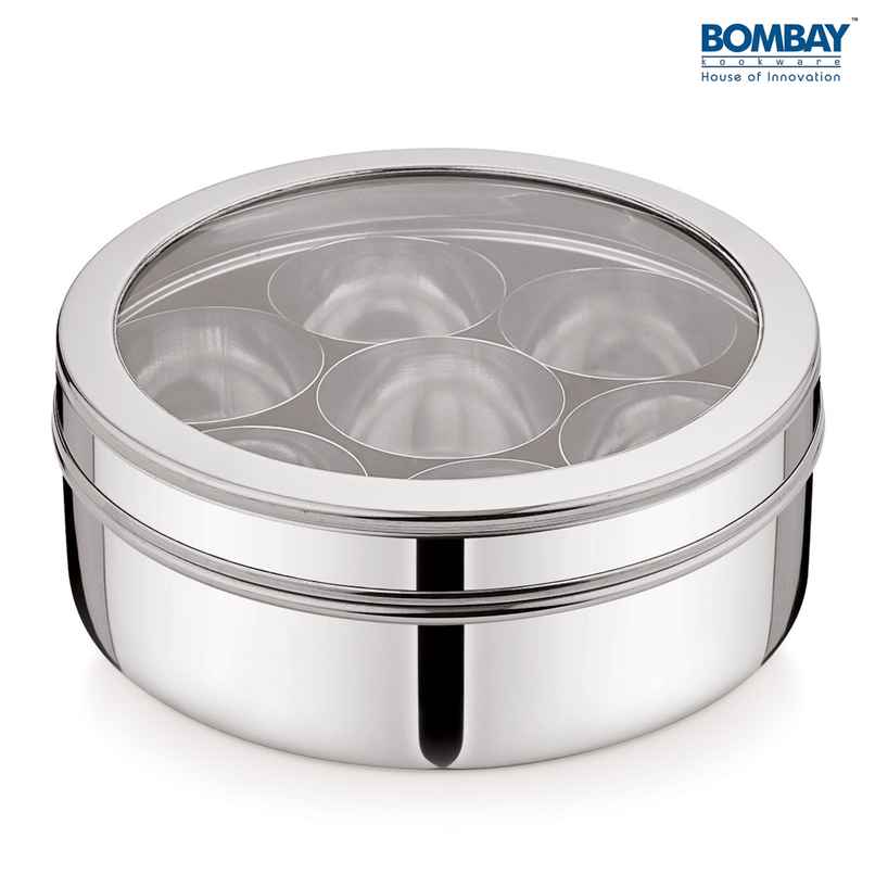 Bombay Kookware Stainless Steel Spices Box With See Through Lid (7 Vati And 1 Spoon)