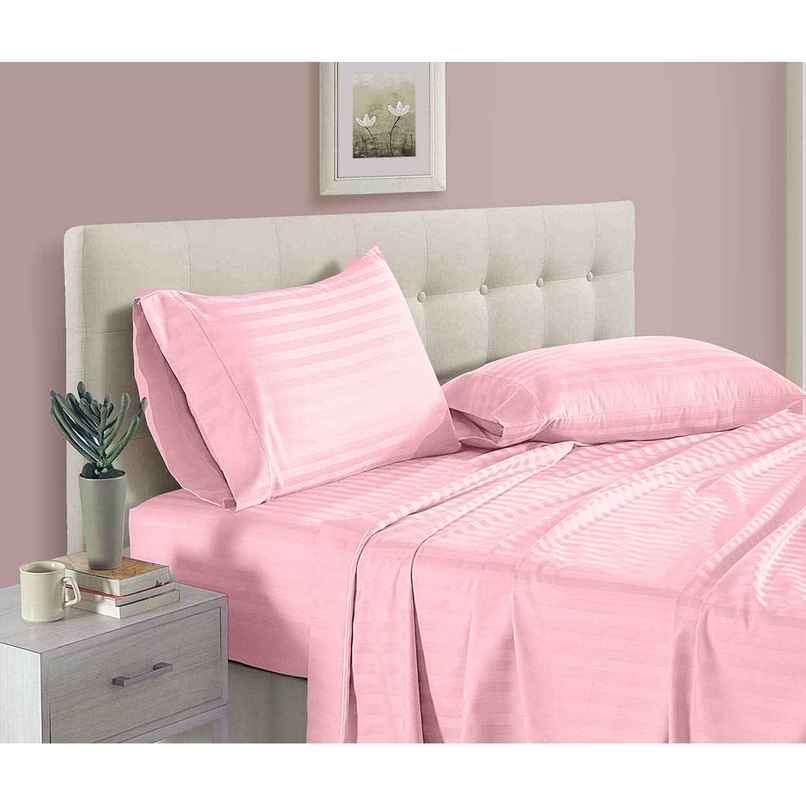 BAY6 King Size 100% Cotton 210 TC Satin Stripe Super Bedsheet | Baby Pink | 108 x 108 in