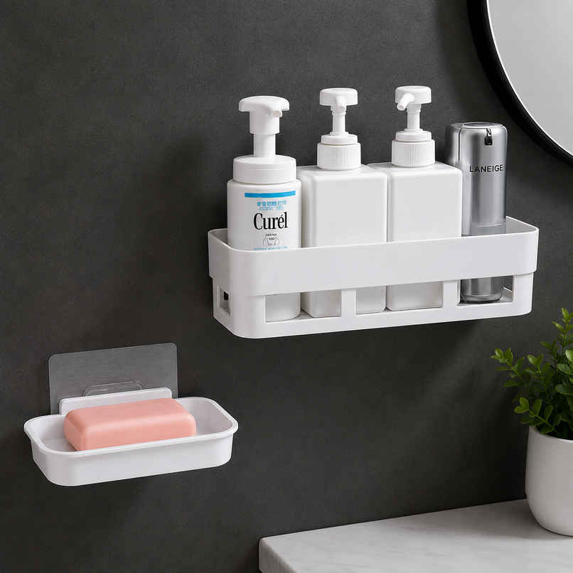 Perpetual Bathroom 1 Shelf + 1 Soap Dish Holder | Self-Adhesive Rack for Wall | Pack of 2 Perpetual Bathroom 1 Shelf + 1 Soap Dish Holder | Self-Adhesive Rack for Wall | Pack of 2